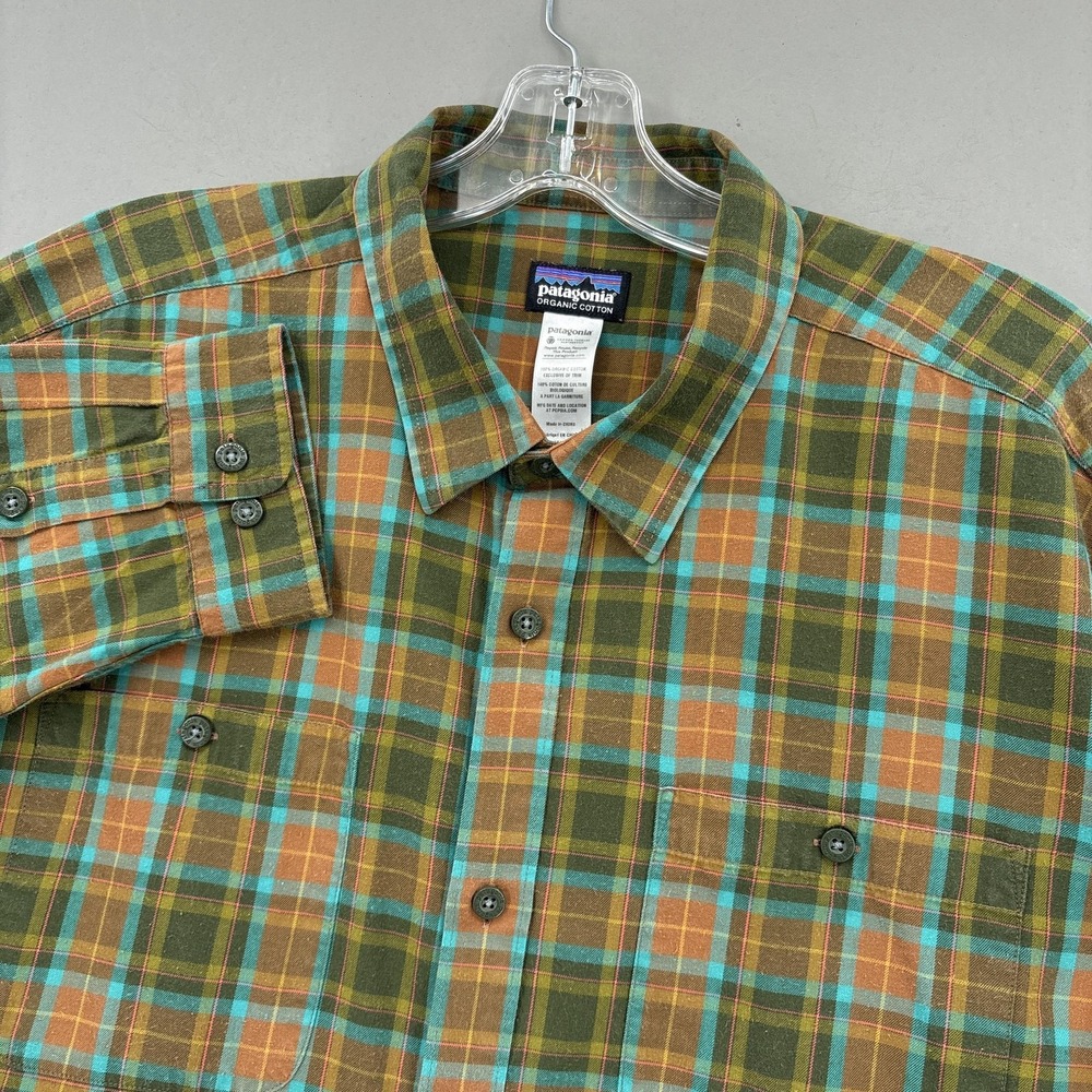 Patagonia Shirt Mens XL Green Brown Plaid Organic Cotton Button Up Long Sleeve